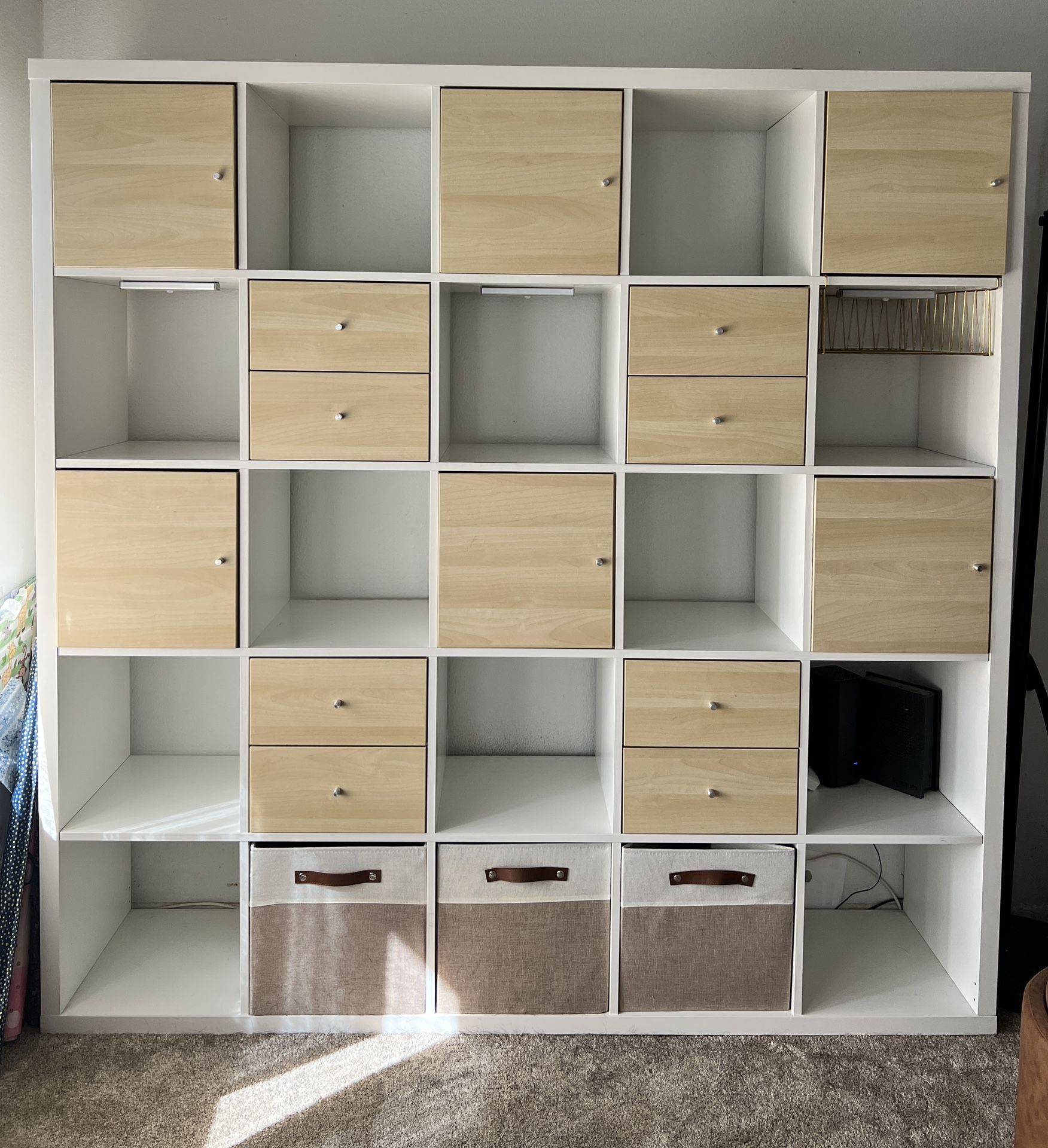 Large Bookshelf with Cabinets, Drawers, and Lights