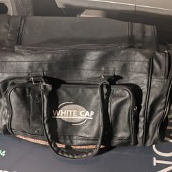 20x10x10 Black Leather Duffle Bag White Cap Print Solid Condition Retro Gear