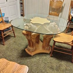 Lion Table Antique One-of-a-kind Weight Is 125 Lb Three Lion Heads Carved Out Of One Piece Of Wood Table Top Is A Large Glass Perfect For Chairs One O