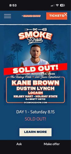 Oc Smoke Show-Kane Brown 1 ticket
