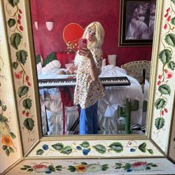 large mirror frame hand-painted floral possibly in a style reminiscent of Peruvian or Indian vintage