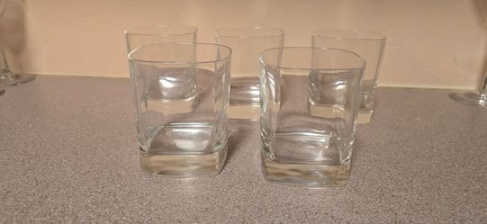 ESTATE SALE Set of 5 Square-Base Vintage Glass Lowball Tumblers / Rocks Glasses