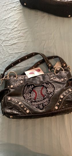 Dark Brown Studded Handbag with Rhinestone Patch