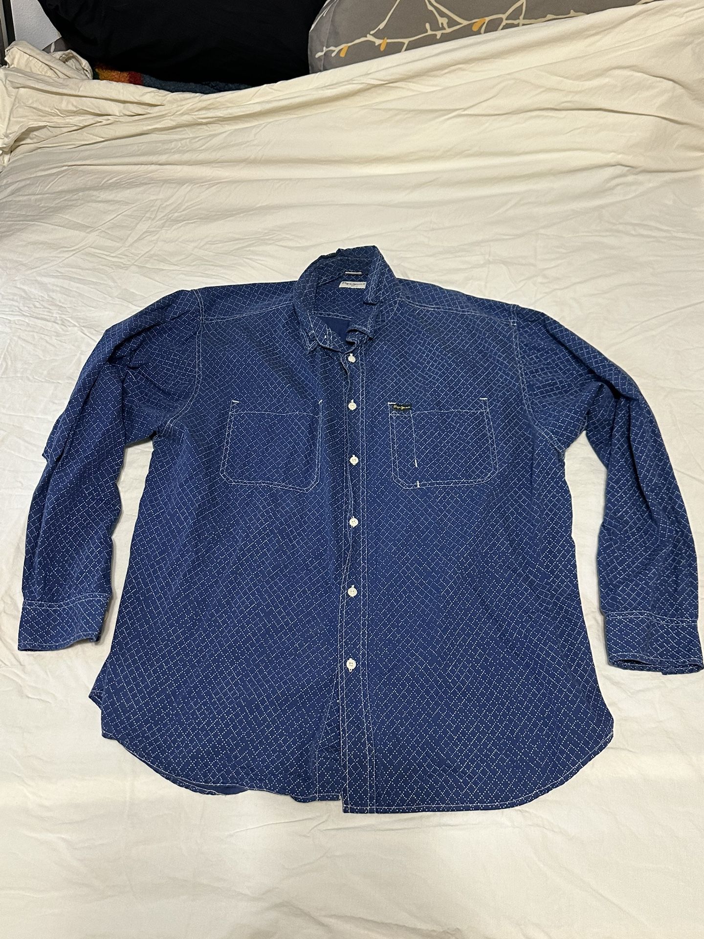 Pepe Jeans London Button Down Shirt Long Sleeve Western Blue Men Size XL X-large