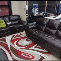 Summer clearance sale. Madrid brown leather reclining sofa and loveseat set only $1099. Easy finance option. Same day delivered.