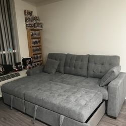 Living Spaces Hedera Grey 2 Piece Convertible Futon Sleeper Sectional With  Storage Chaise