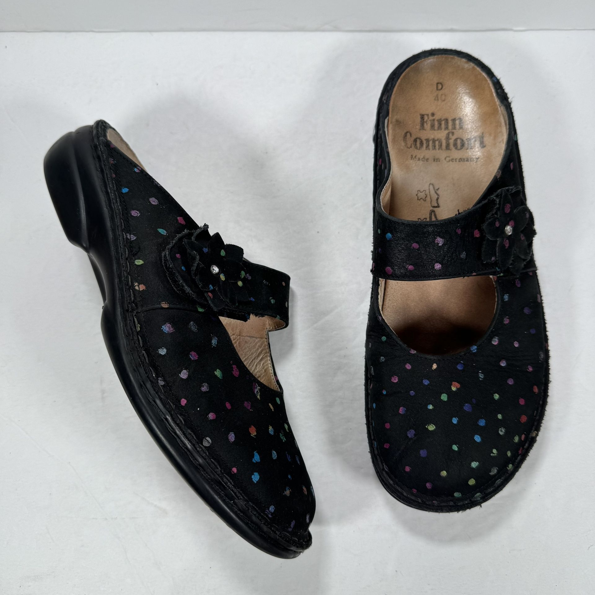 Finn Comfort Black Polka Dot Leather Stanford Mary Jane Glog Mules Women 8.5