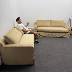 Sloan Slipcovered 2-Seat Sofa (Upgraded Bench Seats) Chartreuse Gold / Beige Velvet *50% OFF*