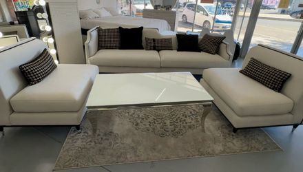 White Leather Living Room Sofa Set