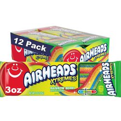 Airheads Xtremes Belts, Rainbow Berry Flavor, Sweetly Sour Candy, Non Melting, Bulk Movie Theater and Party Bag, 3 Ounce (Pack of 12)