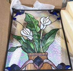 Stained Glass Calla Lily Floral Window Panel Green White Blue Brown