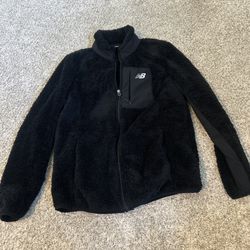 New Balance Womens Fleece Jacket Sherpa Black Zip Front Pockets Elastic Hem M