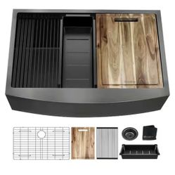 Glacier Bay 33 in. Farmhouse/Apron-Front Single Bowl 18 Gauge Gunmetal Black Stainless Steel Workstation Kitchen Sink=Pal-41