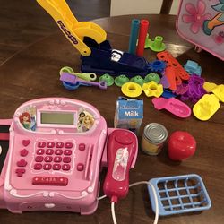 Play Dough shapers, pink cash register and cool case