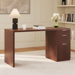 FURSUN 58" Modern Executive Desk With Storage, Home Office Desk With Drawer & Cabinet, Wooden Fluted Desk For Study, Living Room, Bedroom (Dark Walnut