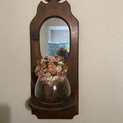Antique Wall Plant Holder In Solid Wood With Mirror 