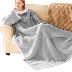 Brandnew Sherpa Wearable Blanket with Sleeves for Women Men Adults, Cozy Wearable Blanket with Arm and Pocket, Warm Full Body TV Wrap Throw Blanket, S