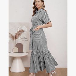 Casual Striped Button Down Maxi Dress Tie Waist Short Sleeve Shirt Dress with Pockets