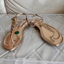 Karl Lagerfeld Gold T-Strap Sandals with Eyelet Detail Size 7.5 NEW