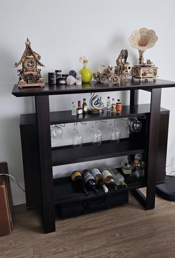 Wooden Home Bar Table With Wine Storage And Glass Rack