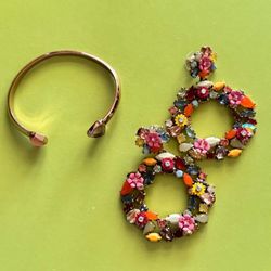 Vera Bradley Gold Cuff Bracelet & J.Crew Floral Designed Hoop Earrings.