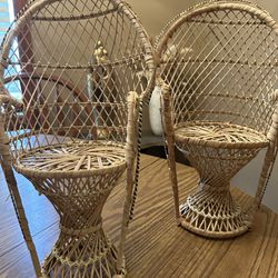 Decorative peacock chairs - lot of 2 - wicker boho home decor approx 16" tall