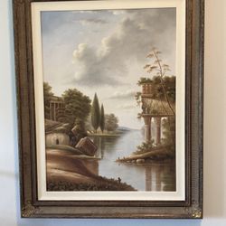 Ethan Allen Oil Painting-Formal French Landscape In Ornate Frame 