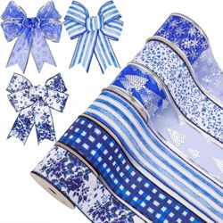 Blue and White Wired Christmas Winter Holiday Ribbons 2.5” Wide, 5 Yards (Set of 6) (NEW)