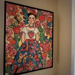 Frida Kahlo Style Mexican Folk Art Framed Painting Large Wall Decor