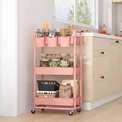 Pink 3-Tier Rolling Utility Cart