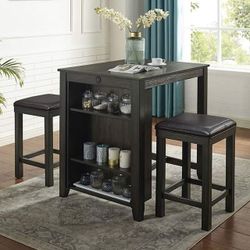 3 piece WALNUT ESPRESSO FINISH KITCHEN DINING COUNTER HEIGHT TABLE STOOL SET CABINET / COMEDOR MESA BANCOS