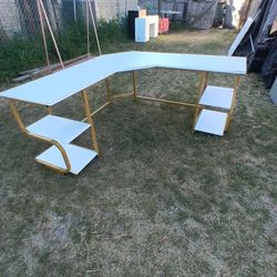 White L Shaped Desk With Storage Shelves 
