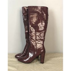 JONES NEW YORK Nina Boots Sz 5.5 Wine Red Knee High NEW Croc Leather Long Heels.