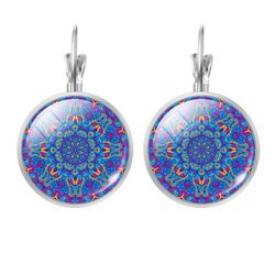 Silver Om Symbol Buddhism Zen Round Purple Multicolor Glass Cabochon Mandala Earrings
