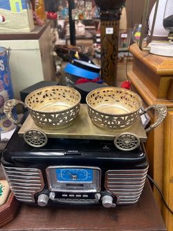 Brass Reticulated Double Bowl Cart Serving Piece