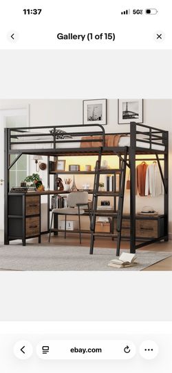 Queen size loft bed with desk and storage