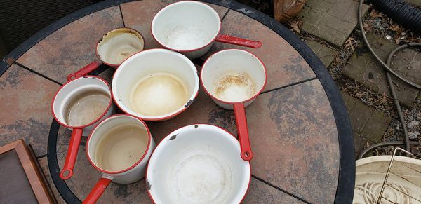 Vintage Porcelain Enamel (red/white) Pots and Pans