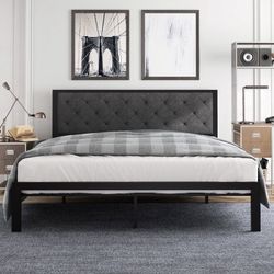 🎃King Size Metal Bed Frame with Upholstered Headboard, Dark Grey