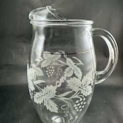Vintage Bartlett and Collins Glass Pitcher With Etched Leaves Gold Band 