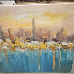 Modern Abstract Turquoise and Gold Cityscape, 48"L x 24"W

