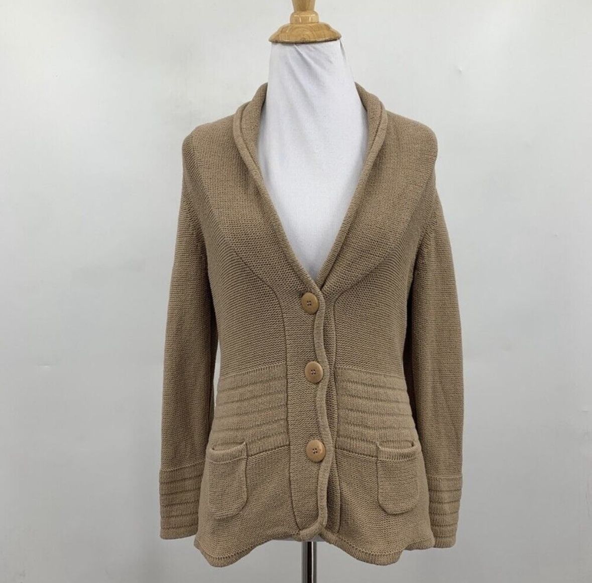 ANTHROPOLOGIE HWR CARDIGAN WOMENS M MEDIUM BROWN KNIT SHAWL COLLAR POCKET BUTTON