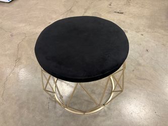 Modern Black Microplush Footstool with Geometric Design Gold Tone Base
