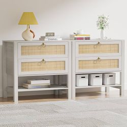 White Night Stand Set of 2 with 2 Drawers and Storage Shelf, 26” Tall Boho Nightstand, Wood Large Bedside Table for Bedroom, Side Table, White Cream O