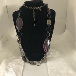 New York Purple & Silver Tone Beaded Necklace Excellent Condition 37” Long/ 4” Extension 
