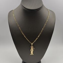 14KT YELLOW GOLD 25” FIGARO LINK CHAIN 13.7GR W/ 14KT YELLOW GOLD SANTA MUERTE CHARM 3.0GR