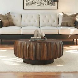 Modern Fluted Round Wood Coffee Table
