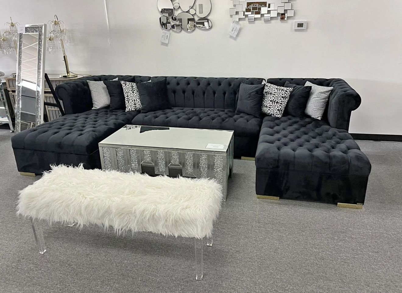 Lauren Black Velvet Double Chaise Sectional - Shop Now Pay Later!