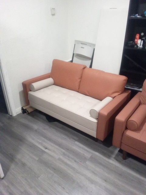 Light Beige And Tangerine Orange Leather Couch