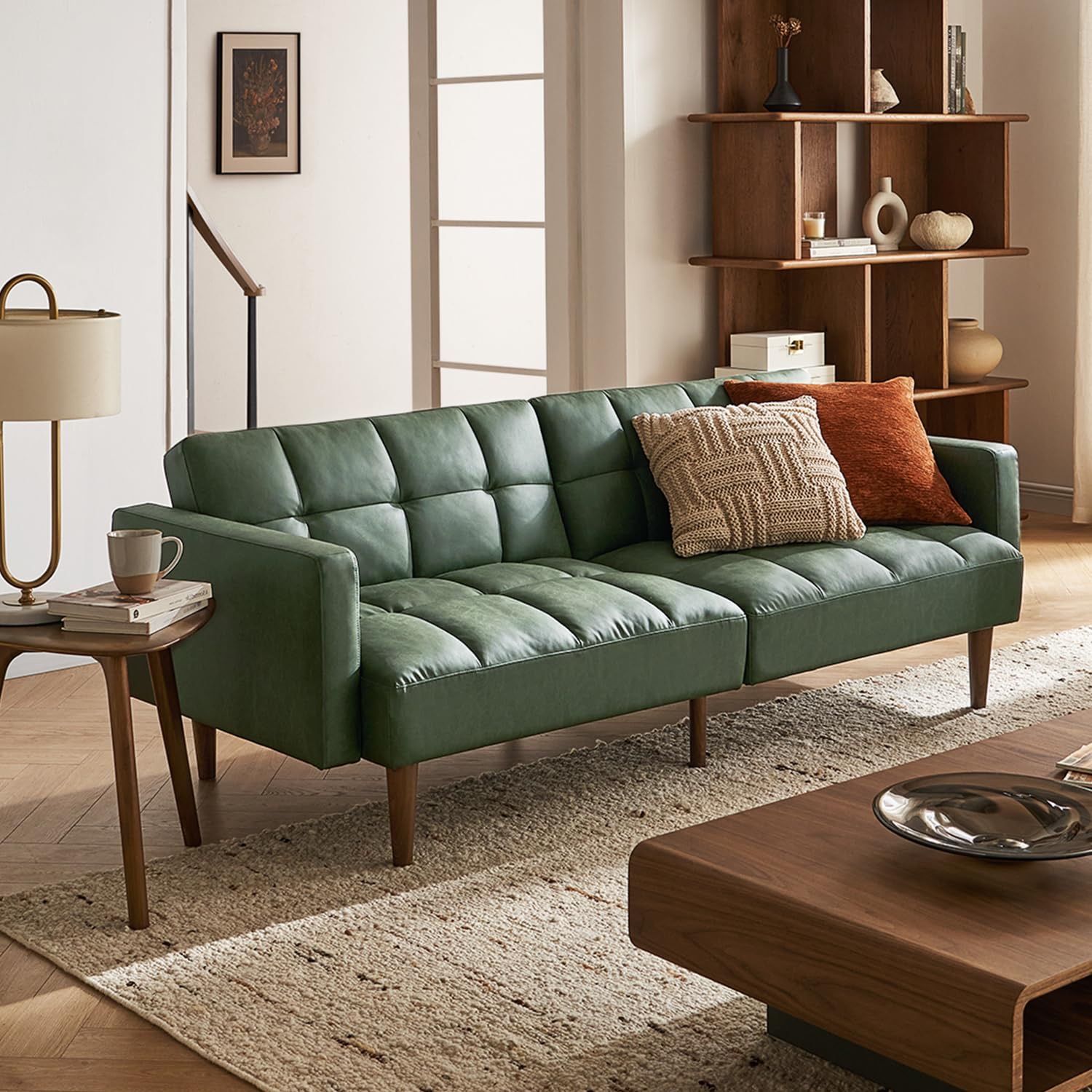 mopio Aaron 76.8" Couch, Small Futon Sofa Bed, Sleeper, Loveseat, Mid Century Modern Futon Couch, Sofa Cama, Couches for Living Room, Bedroom (Sage Gr