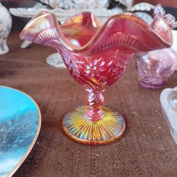 Fenton Red Iridescent Stretch Glass Compote or Footed Candy Dish

